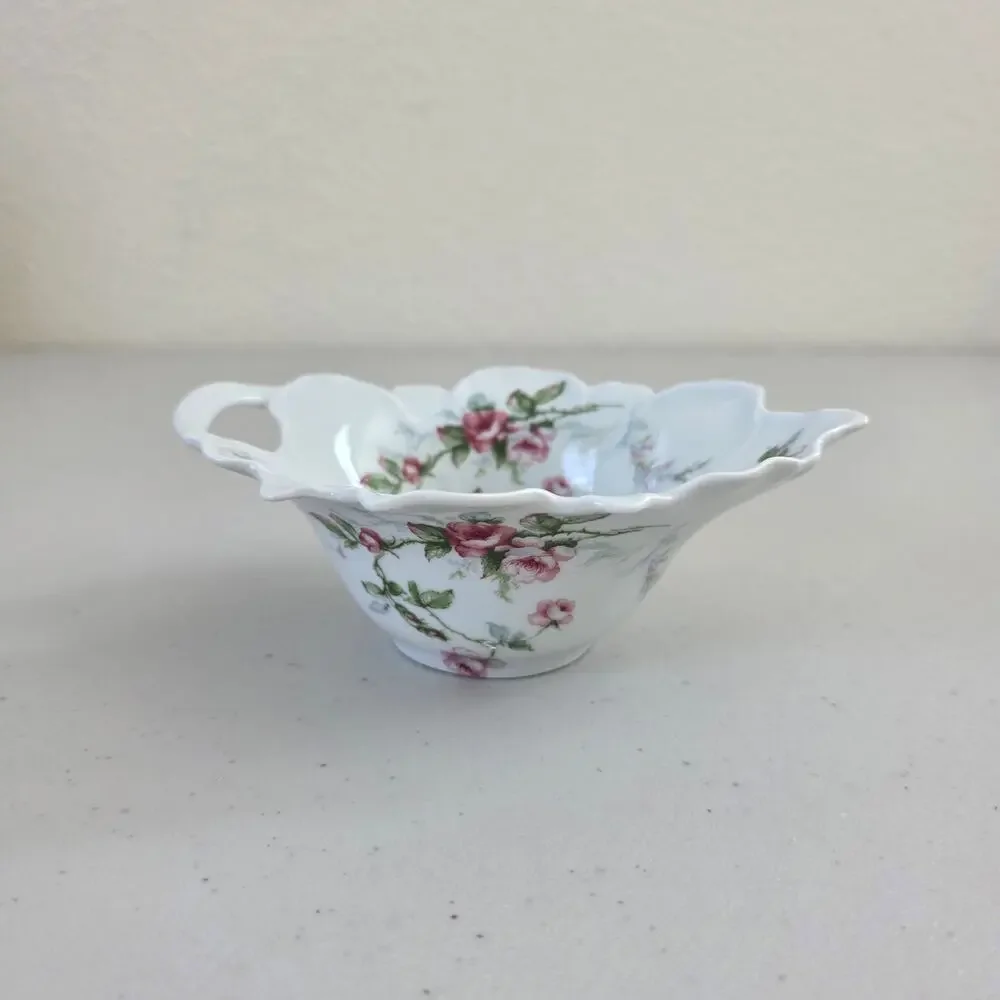 Haviland Limoges France Vintage Floral Handle Dish Pink Roses Porcelain Scallop
